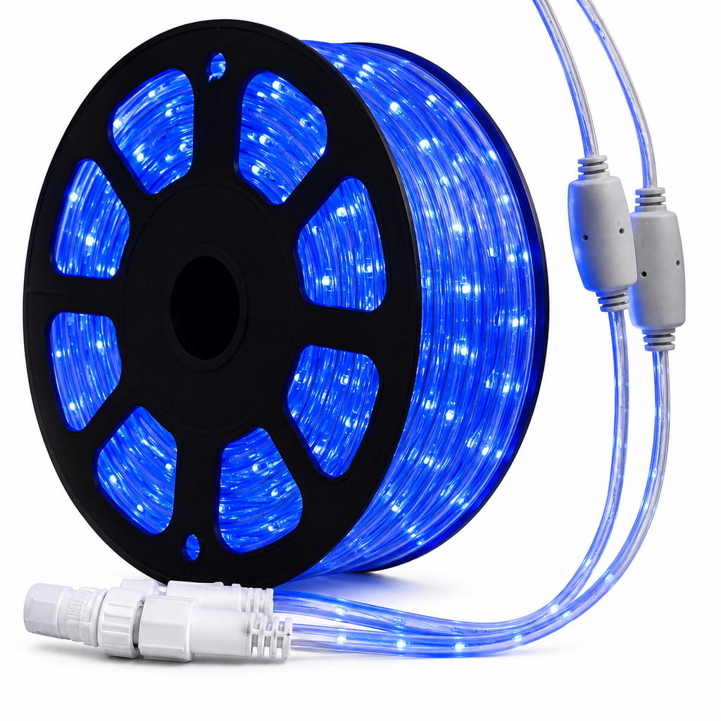 LUCES LED MANGUERA X 100 MTS AZUL 2V 32L CON FLASHER CORTE 50 CMS X 5 CABLES DE PODER